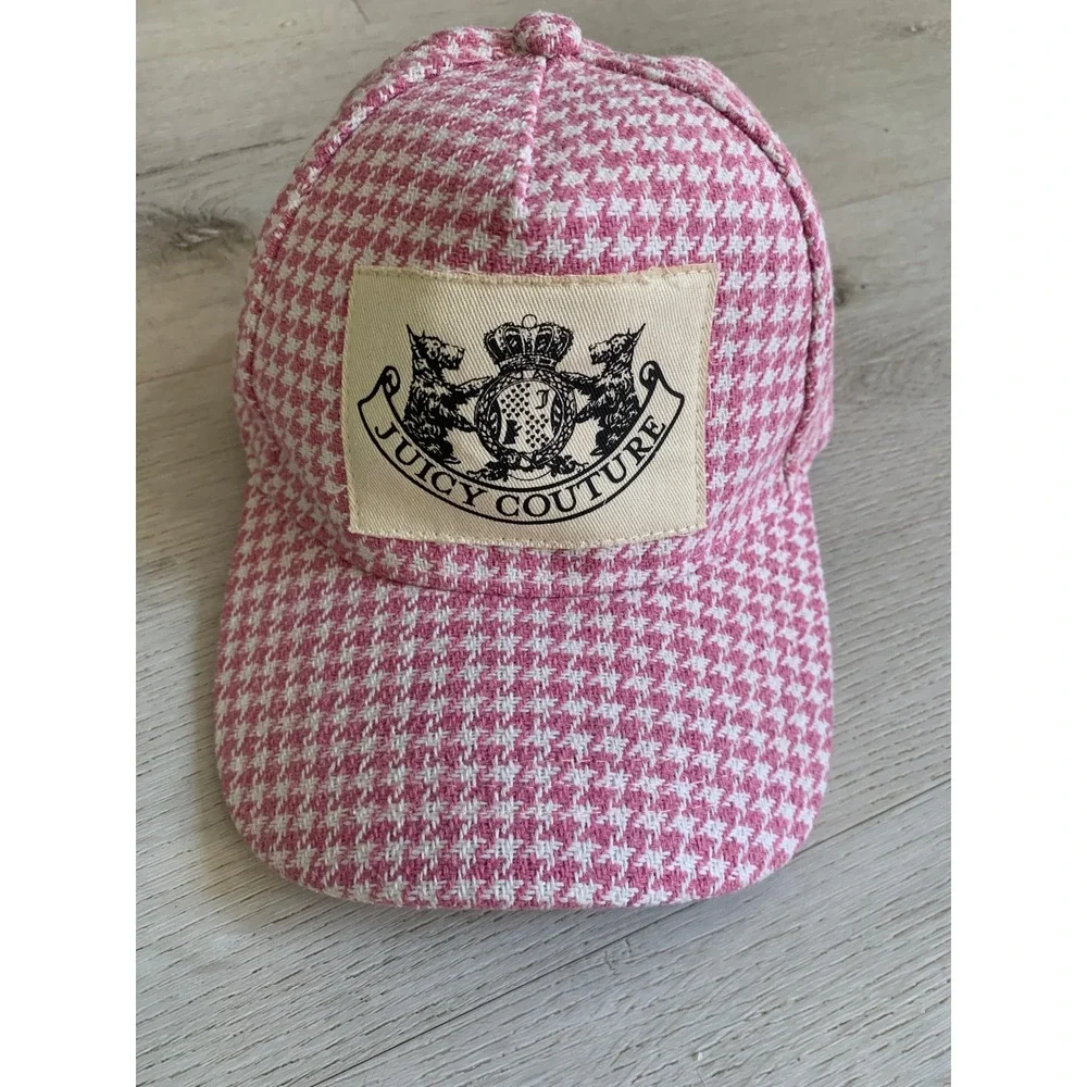 Juicy‎ Couture Pink Houndstooth Baseball Cap Logo Crest Hat Adjustable Y2K Style